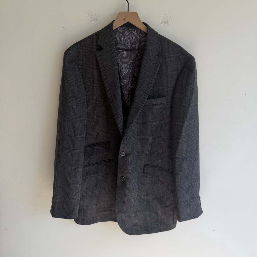 Jos A Bank 1905 100% Wool Sport Coat 43L Gray Windowpane Plaid Paisley Lined Men